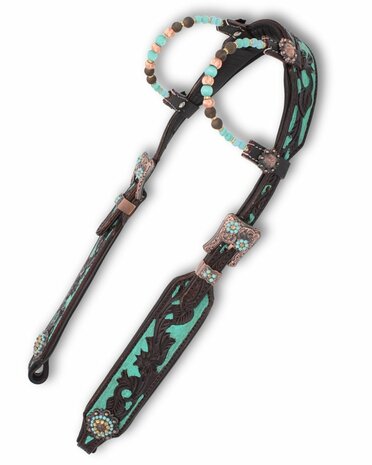 Westernhoofdstel &ndash; Two Ear &ndash; Super Soft &ndash; Dark Chestnut &amp; Turquoise