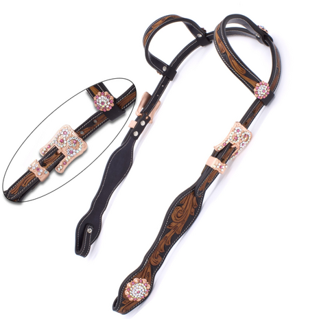 Two Ear show westernhoofdstel zwart chestnut met roze steentjes