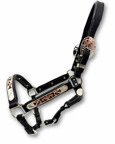 Premium Western showhalster zwart met ros&eacute;goud &ndash; inclusief lijn met ketting