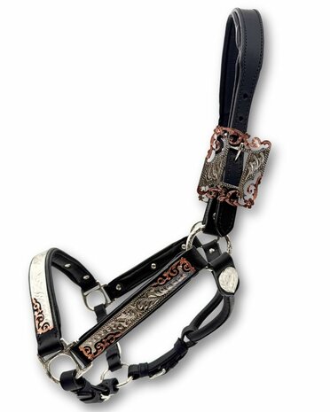 Premium Western showhalster zwart met ros&eacute;goud/zilver &ndash; inclusief lijn met ketting