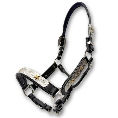 Premium Western showhalster zwart met goudkleurige sterren &ndash; inclusief lijn met ketting