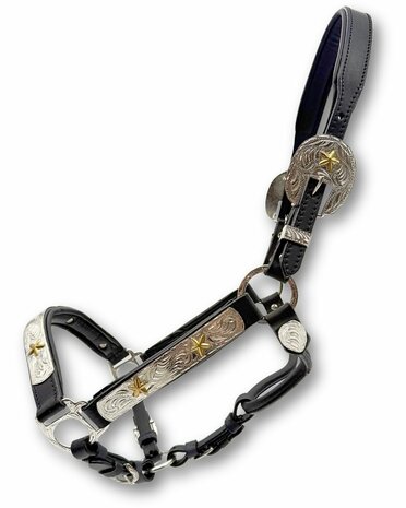 Premium Western showhalster zwart met goudkleurige sterren &ndash; inclusief lijn met ketting