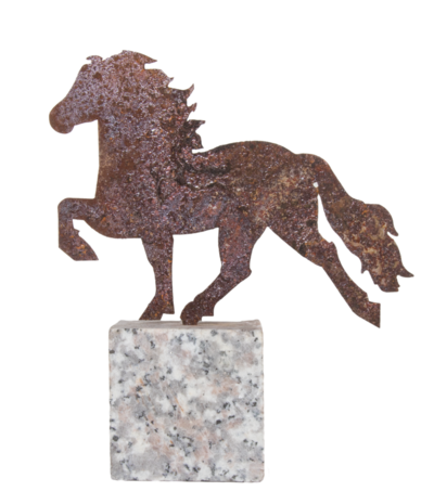 Decoratief IJslands Paard op Granieten Voet &ndash; Roeststaal