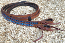 Chestnut Leather Split Reins Navy Blue Beads Chestnut Leather Split Reins Navy Blue Beads
